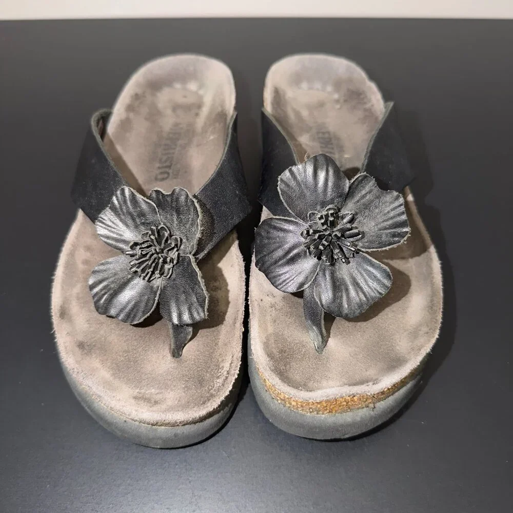 Mephisto Floral Slide Sandals Black Leather Cork Footbed Size 35 - Picture 4 of 7